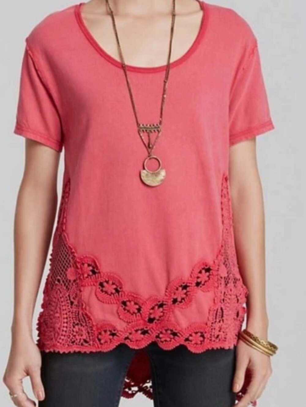 Free People Coral Crochet Lace Trim High Low Short Sleeve Boho Top Size X-Small